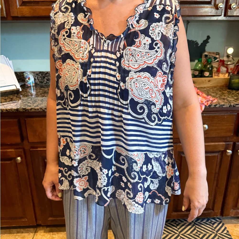 CAbi Blue and White Ruffled Blouse